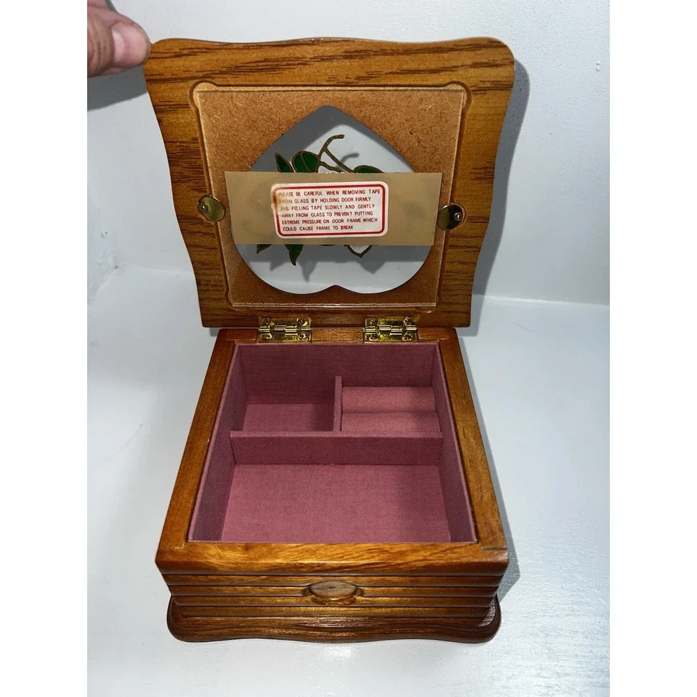 Vintage 1990's Ladies Jewelry Box Oak Finish Stained Glass Lid Kmart NEW IN BOX!